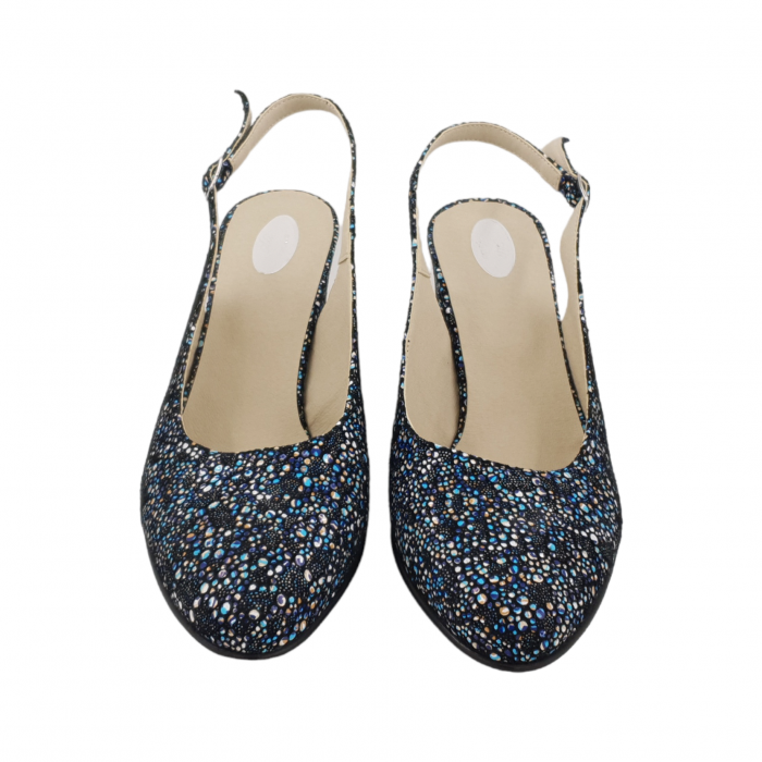 Sandale dama eleganti, piele naturala, toc gros, imbracat, flori albastre, Sandali [3]