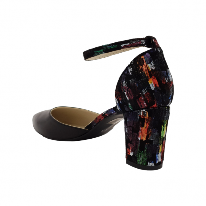 Sandale damă eleganți piele naturală, toc gros, imbrăcat, negru cu pătrate colorate, SANDALI [2]