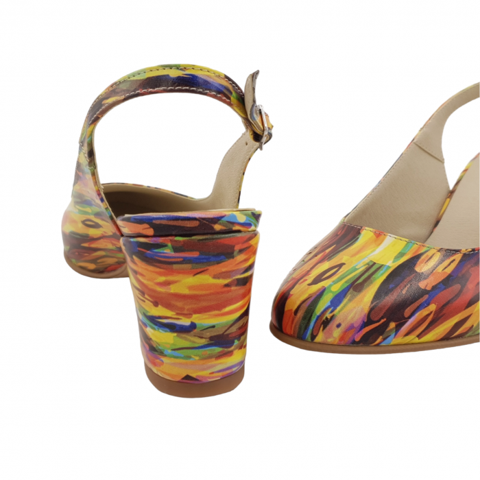 Sandale dama eleganti, piele naturala, toc gros imbracat, picturi colorate, Sandali [4]