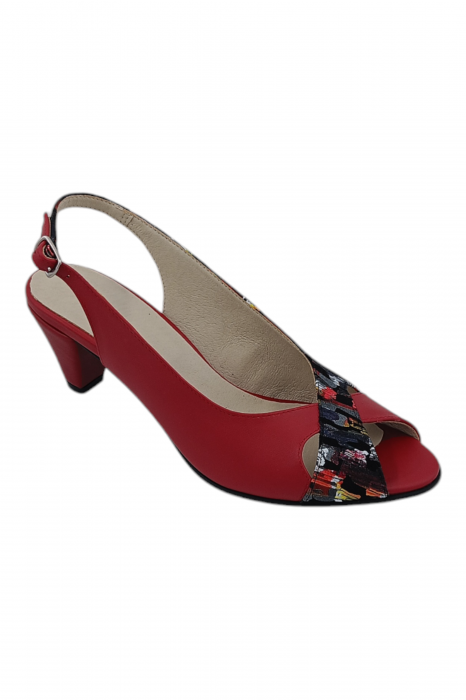 Sandale damă eleganți, piele naturală cu imprimeu picasso, vârf decupat, toc conic, roșu [2]