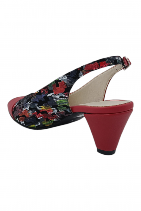 Sandale damă eleganți, piele naturală cu imprimeu picasso, vârf decupat, toc conic, roșu [3]