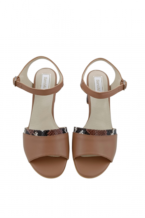 Sandale dama eleganti, piele naturala, toc mediu gros, barete, imprimeu cu sarpe, bej inchis, Sandali [4]