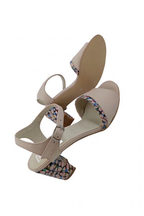 Sandale dama eleganti, piele naturala, toc mediu gros, barete, imprimeu de abstract, bej, Sandali [5]