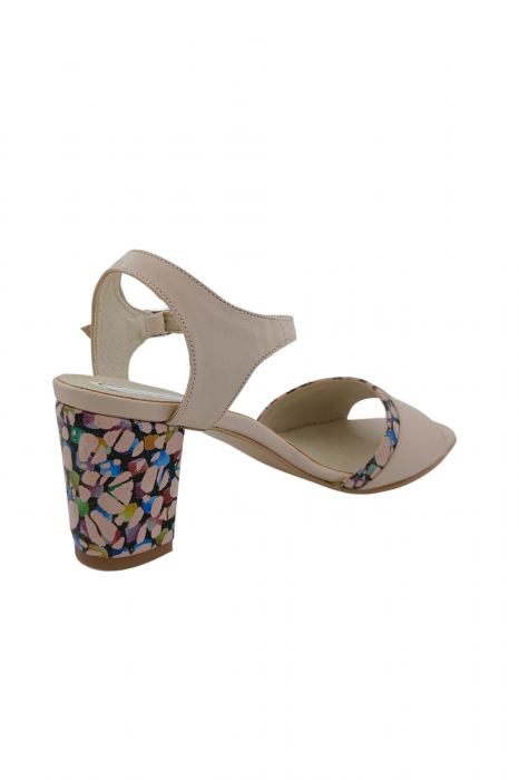 Sandale dama eleganti, piele naturala, toc mediu gros, barete, imprimeu de abstract, bej, Sandali [3]