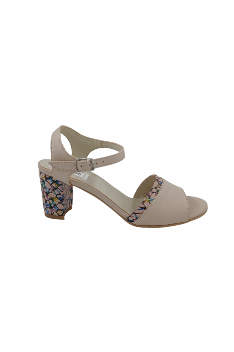 Sandale dama eleganti, piele naturala, toc mediu gros, barete, imprimeu de abstract, bej, Sandali [2]
