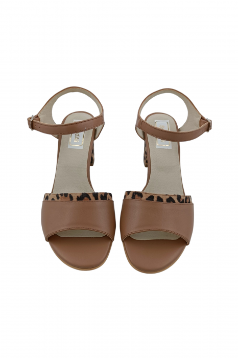 Sandale dama eleganti, piele naturala, toc mediu gros, barete, imprimeu de leopard, bej inchis, Sandali [4]