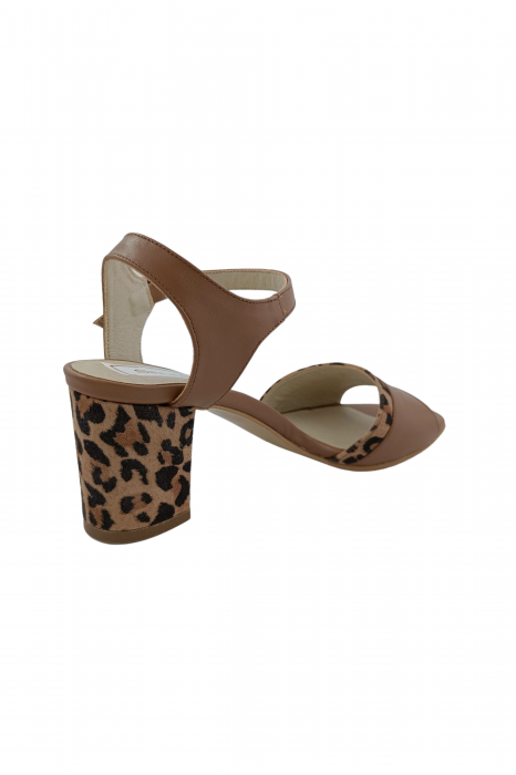 Sandale dama eleganti, piele naturala, toc mediu gros, barete, imprimeu de leopard, bej inchis, Sandali [3]