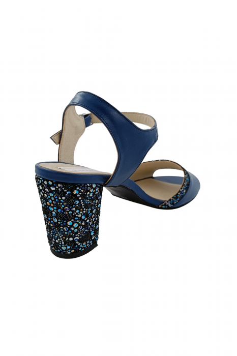 Sandale dama eleganti, piele naturala, toc mediu gros, cu barete, cu imprimeu de flori albastre, albastru, Sandali [3]