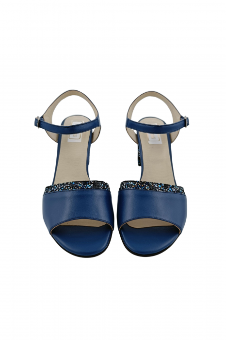 Sandale dama eleganti, piele naturala, toc mediu gros, cu barete, cu imprimeu de flori albastre, albastru, Sandali [4]