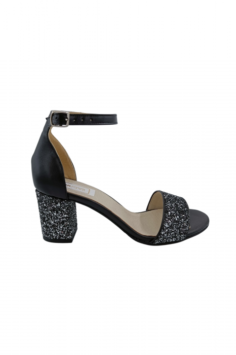 Sandale dama eleganti, piele naturala, toc gros, cu glitter argintiu, negru, Sandali [2]