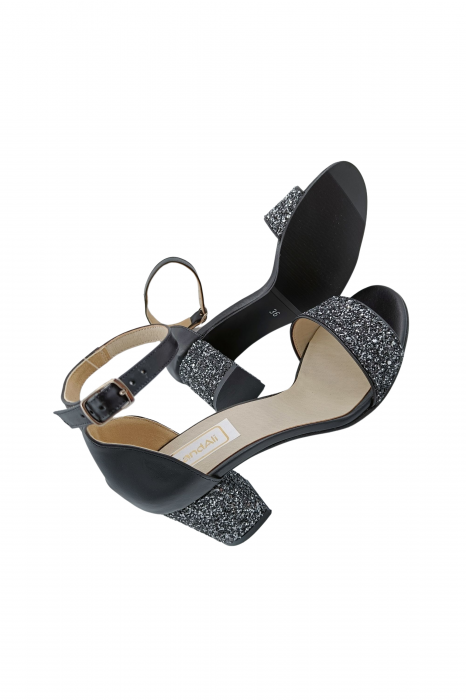 Sandale dama eleganti, piele naturala, toc gros, cu glitter argintiu, negru, Sandali [5]