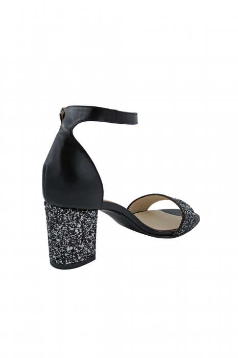 Sandale dama eleganti, piele naturala, toc gros, cu glitter argintiu, negru, Sandali [3]