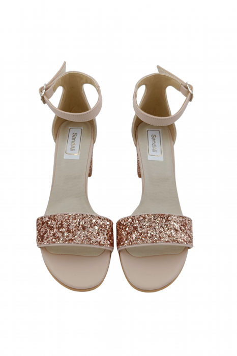 Sandale dama eleganti, piele naturala, toc mediu gros, cu glitter roz, bej, Sandali [4]