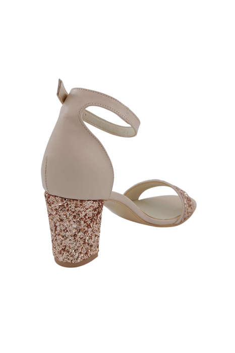 Sandale dama eleganti, piele naturala, toc mediu gros, cu glitter roz, bej, Sandali [3]