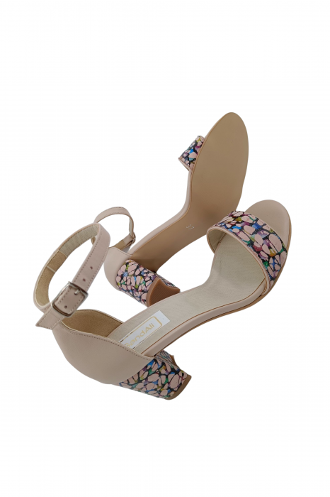 Sandale dama eleganti, piele naturala, toc gros, cu imprimeu abstract, bej, Sandali [5]