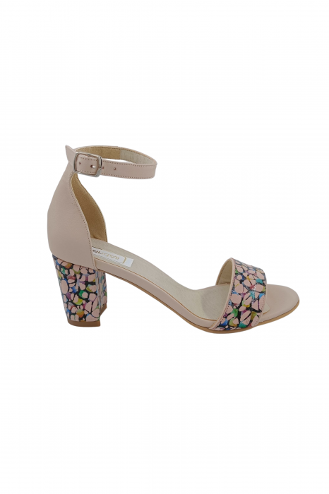 Sandale dama eleganti, piele naturala, toc gros, cu imprimeu abstract, bej, Sandali [2]
