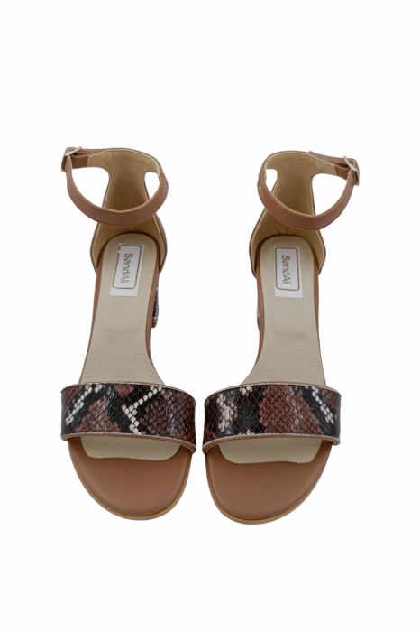 Sandale dama eleganti, piele naturala, toc gros, cu imprimeu sarpe, bej inchis, Sandali [4]