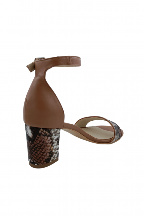 Sandale dama eleganti, piele naturala, toc gros, cu imprimeu sarpe, bej inchis, Sandali [3]