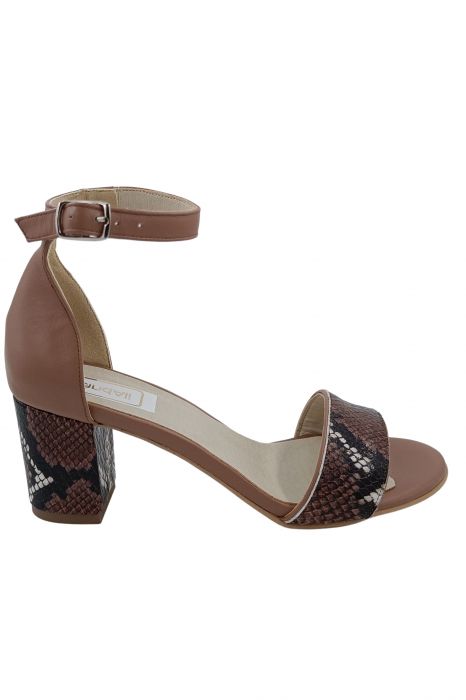 Sandale dama eleganti, piele naturala, toc gros, cu imprimeu sarpe, bej inchis, Sandali [2]