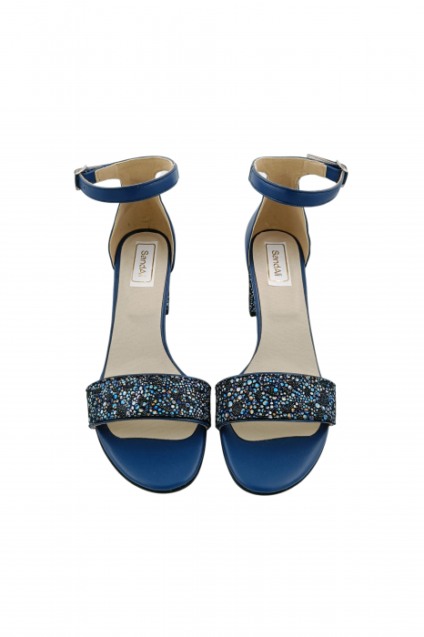 Sandale dama eleganti, piele naturala, toc gros, imprimeu de flori albastre, albastru, Sandali [4]