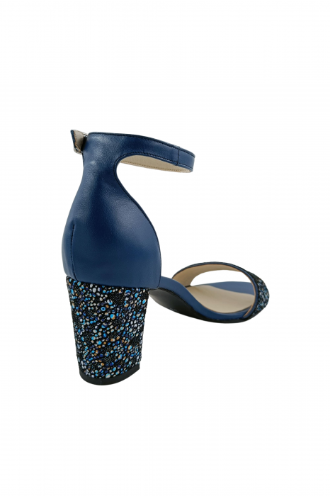 Sandale dama eleganti, piele naturala, toc gros, imprimeu de flori albastre, albastru, Sandali [3]