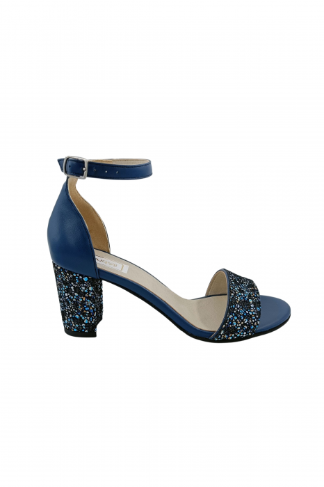 Sandale dama eleganti, piele naturala, toc gros, imprimeu de flori albastre, albastru, Sandali [2]