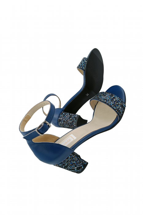 Sandale dama eleganti, piele naturala, toc gros, imprimeu de flori albastre, albastru, Sandali [5]