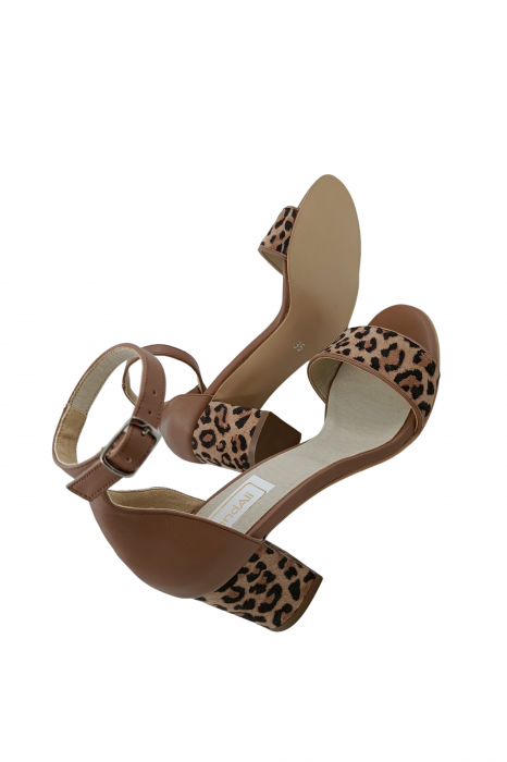 Sandale dama eleganti, piele naturala, toc gros, imprimeu de leopard, bej inchis, Sandali [5]
