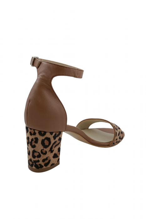 Sandale dama eleganti, piele naturala, toc gros, imprimeu de leopard, bej inchis, Sandali [3]