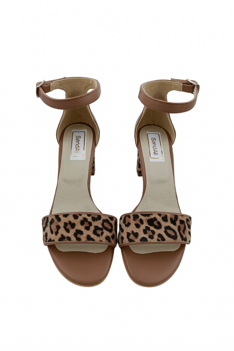 Sandale dama eleganti, piele naturala, toc gros, imprimeu de leopard, bej inchis, Sandali [4]