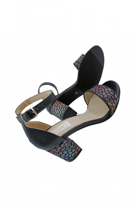 Sandale dama eleganti, piele naturala, toc gros, imprimeu de mozaic, negru, Sandali [5]