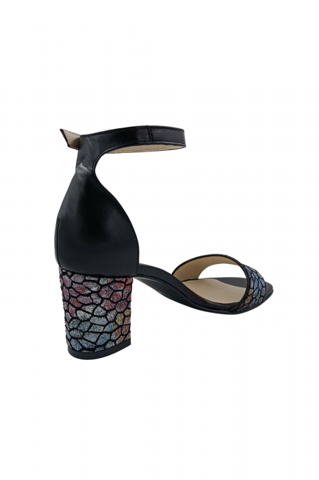 Sandale dama eleganti, piele naturala, toc gros, imprimeu de mozaic, negru, Sandali [3]