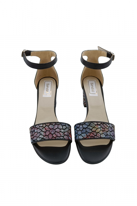 Sandale dama eleganti, piele naturala, toc gros, imprimeu de mozaic, negru, Sandali [4]
