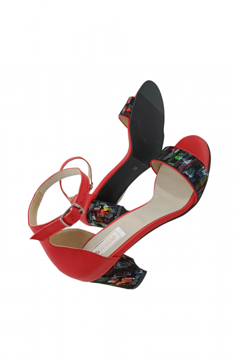 Sandale dama eleganti, piele naturala, toc gros, imprimeu de picasso, rosu, Sandali [5]