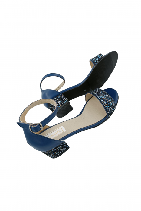 Sandale dama eleganti, piele naturala, toc mic gros, albastru cu flori albastre, Sandali [5]