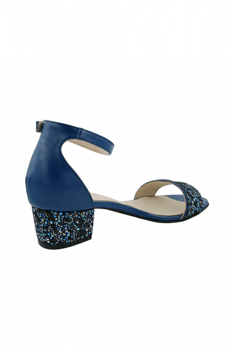 Sandale dama eleganti, piele naturala, toc mic gros, albastru cu flori albastre, Sandali [3]