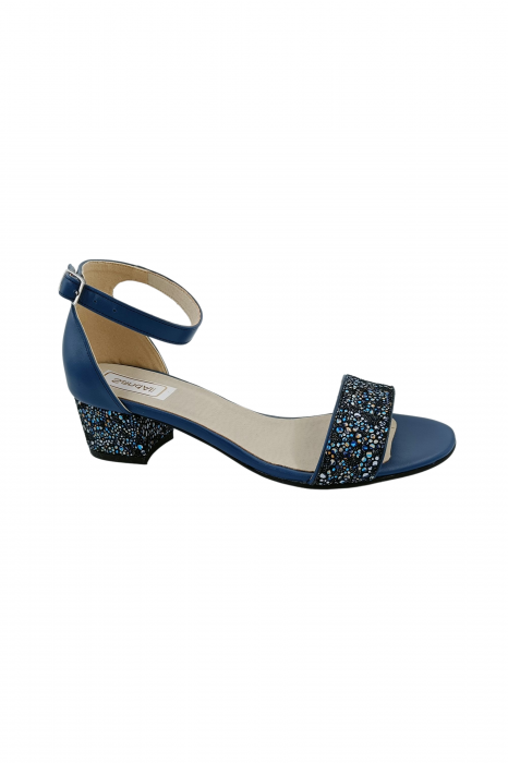 Sandale dama eleganti, piele naturala, toc mic gros, albastru cu flori albastre, Sandali [2]