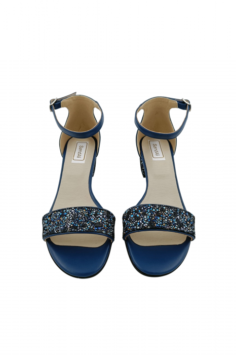 Sandale dama eleganti, piele naturala, toc mic gros, albastru cu flori albastre, Sandali [4]