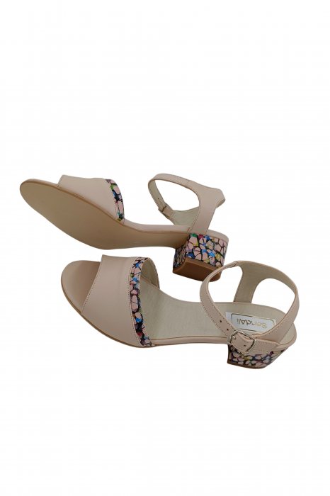 Sandale dama eleganti, piele naturala, toc mic gros, barete, imprimeu de abstract, bej, Sandali [5]