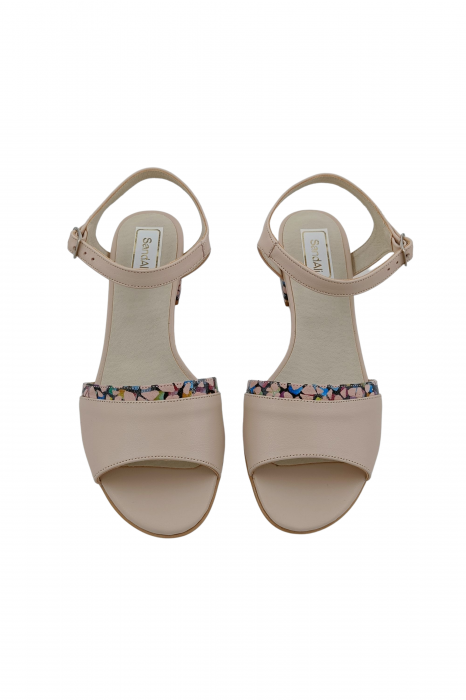 Sandale dama eleganti, piele naturala, toc mic gros, barete, imprimeu de abstract, bej, Sandali [4]