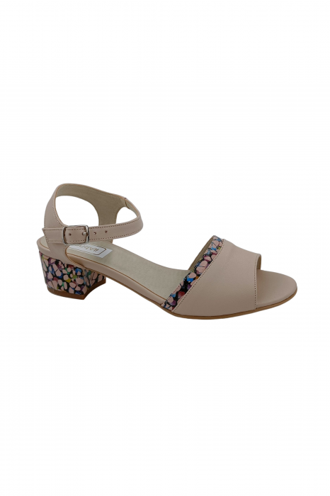 Sandale dama eleganti, piele naturala, toc mic gros, barete, imprimeu de abstract, bej, Sandali [2]