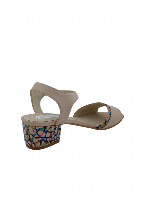 Sandale dama eleganti, piele naturala, toc mic gros, barete, imprimeu de abstract, bej, Sandali [3]