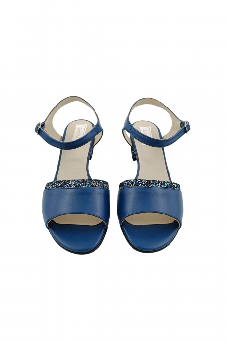 Sandale dama eleganti, piele naturala, toc mic gros, barete, imprimeu de flori albastre, albastru, Sandali [4]