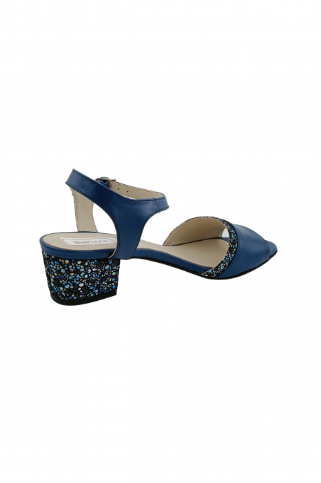 Sandale dama eleganti, piele naturala, toc mic gros, barete, imprimeu de flori albastre, albastru, Sandali [3]