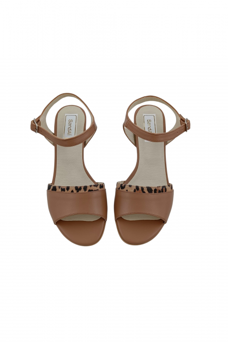 Sandale dama eleganti, piele naturala, toc mic gros, barete, imprimeu de lepoard, bej inchis, Sandali [4]