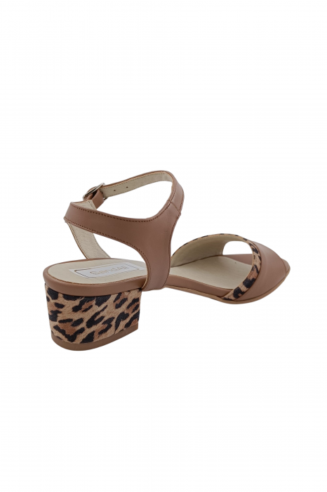 Sandale dama eleganti, piele naturala, toc mic gros, barete, imprimeu de lepoard, bej inchis, Sandali [3]