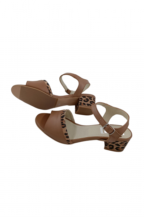 Sandale dama eleganti, piele naturala, toc mic gros, barete, imprimeu de lepoard, bej inchis, Sandali [5]