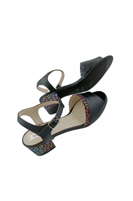 Sandale dama eleganti, piele naturala, toc mic gros, barete, imprimeu de mozaic, negru, Sandali [5]