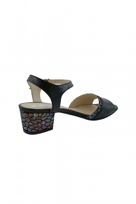 Sandale dama eleganti, piele naturala, toc mic gros, barete, imprimeu de mozaic, negru, Sandali [3]