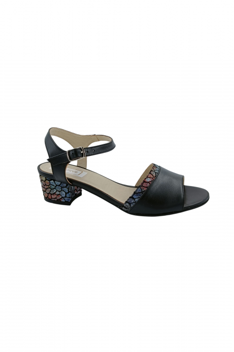 Sandale dama eleganti, piele naturala, toc mic gros, barete, imprimeu de mozaic, negru, Sandali [2]